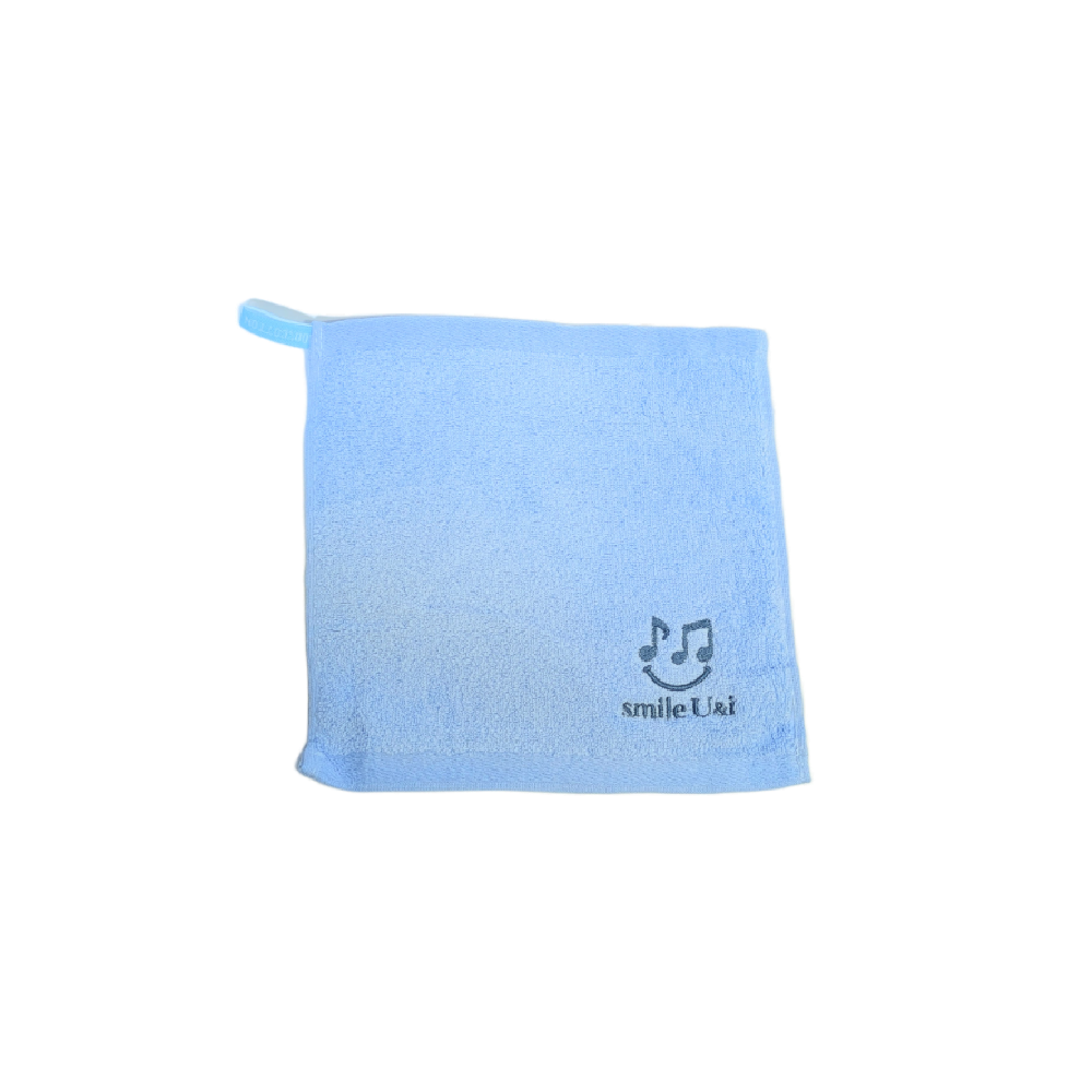 【smile U&i】ハンドタオル 25×25cm ×10枚セット　コットン100％ ライトブルー 吸水性抜群 やさしい肌ざわり ロゴ刺繍入り 綿 おしぼり フェイスタオル 携帯用 学校 職場 ギフトにも