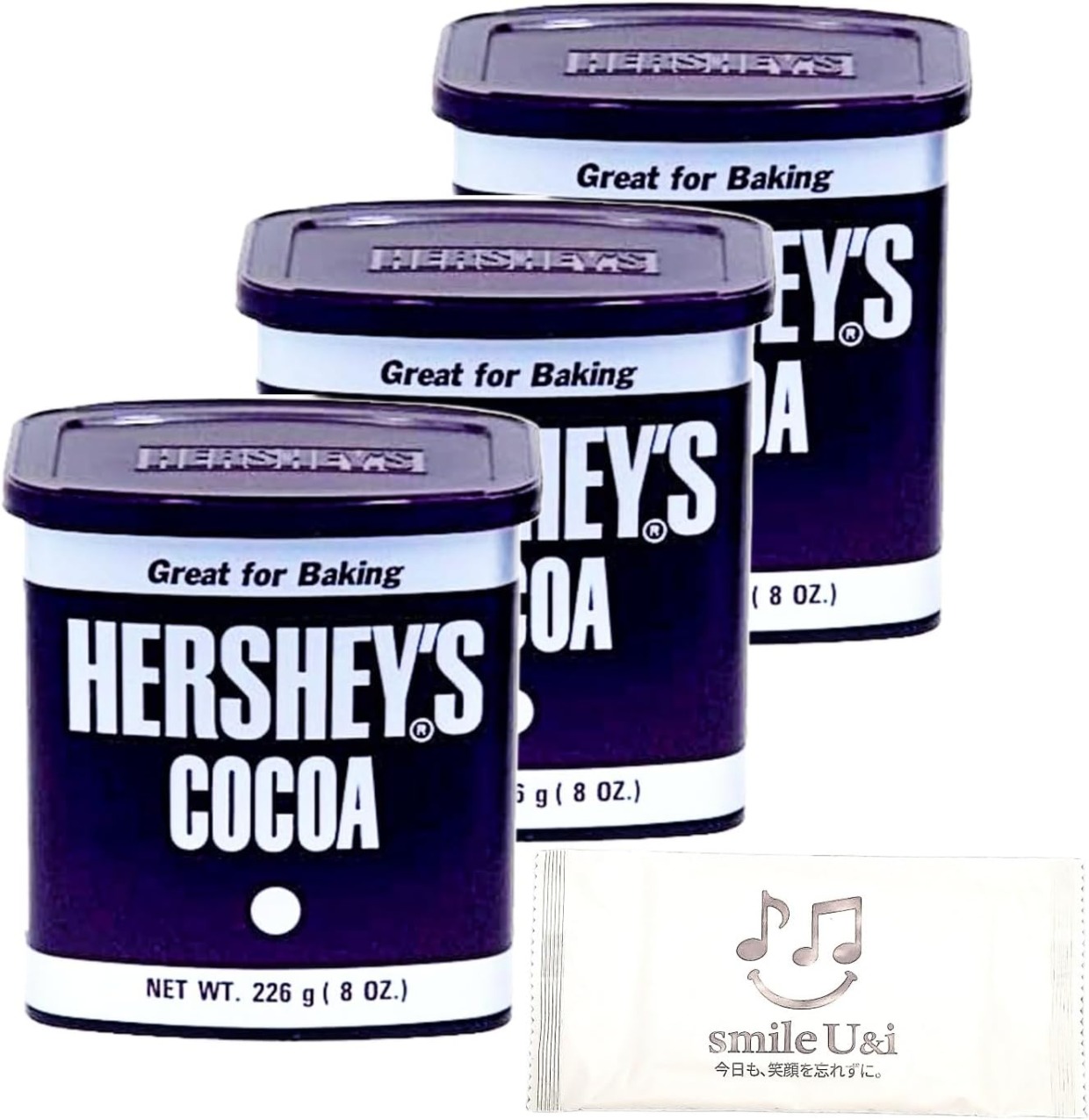 Hershey(ハーシー) ピュアココア 226g×3個セット 無糖・純ココアパウダー|お菓子作り・ベーキング・ホットココア・ドリンク用|smile U&i メッセージ入りおしぼり1枚付
