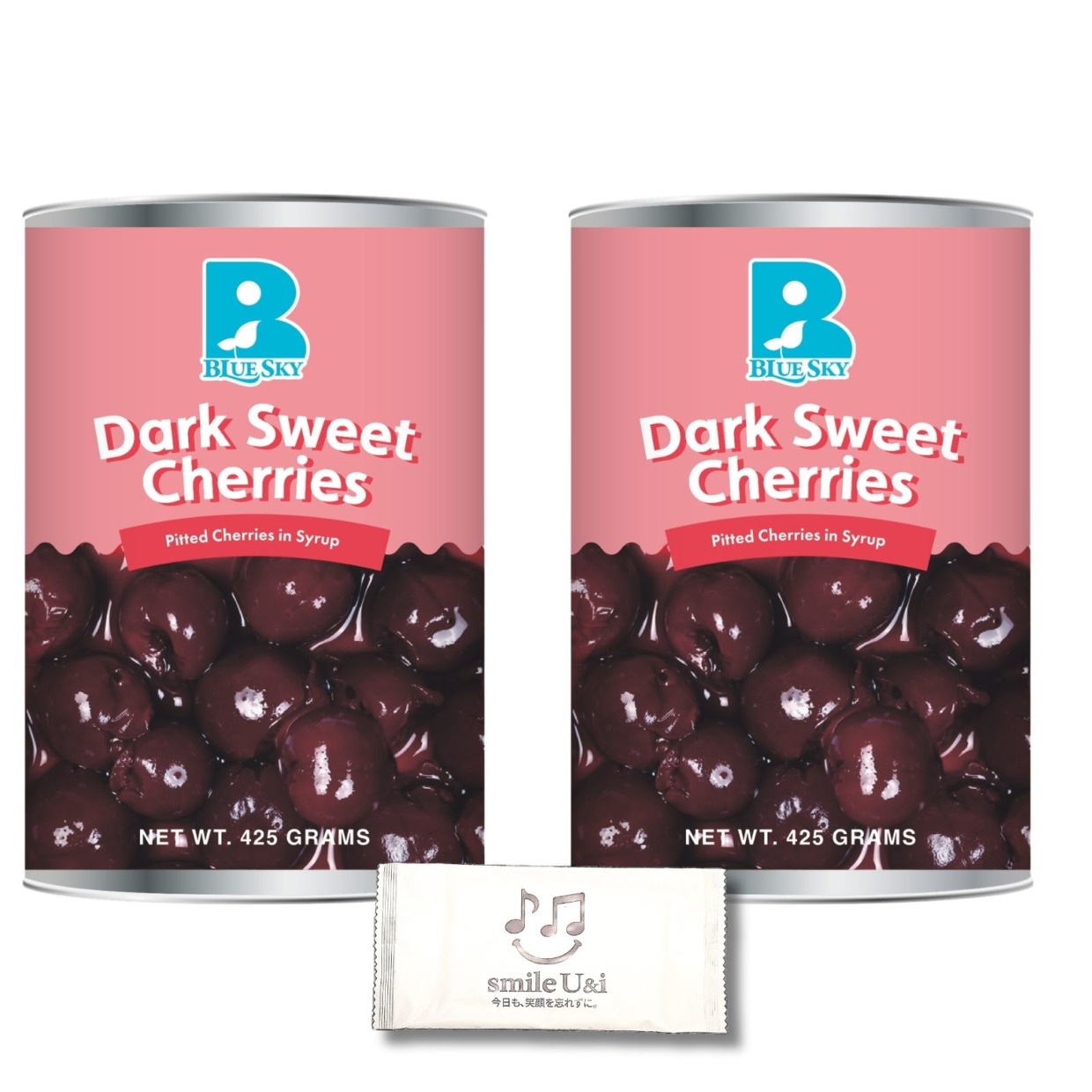 【ブルースカイ】ダークスウィートチェリー 缶詰 425g×2個セット｜シロップ漬け・種抜き（ピテッド）｜デザート・製菓・トッピングに｜smile U&i おしぼり1枚付き